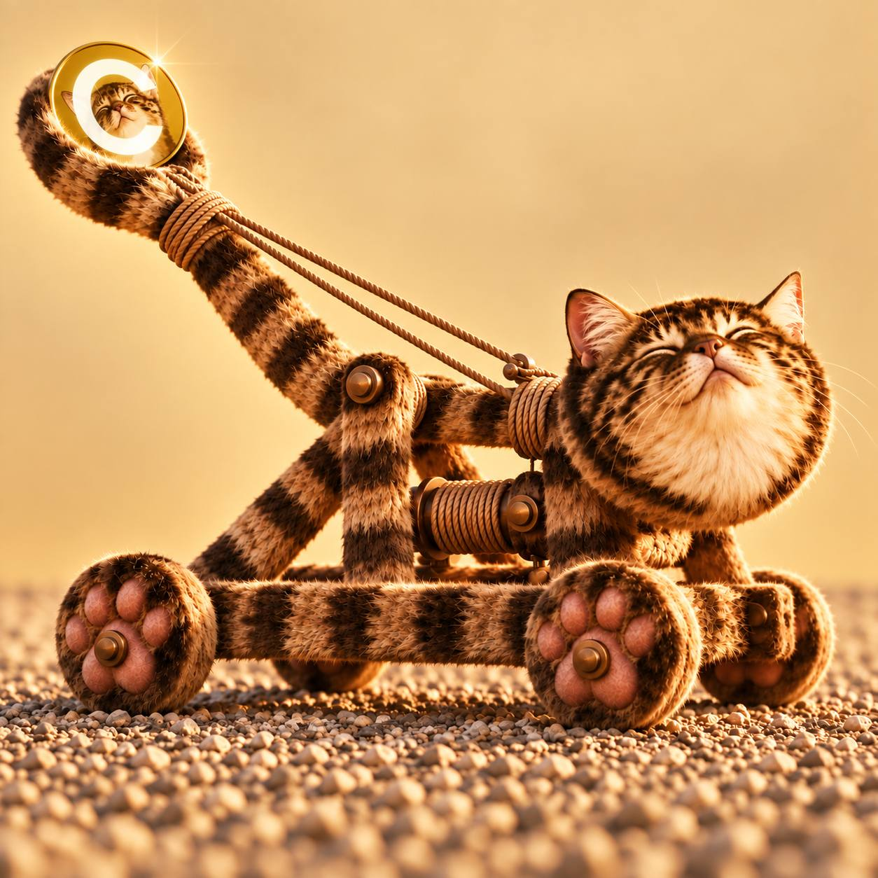 Close-up of the CATEPULT cat catapult launching a golden coin